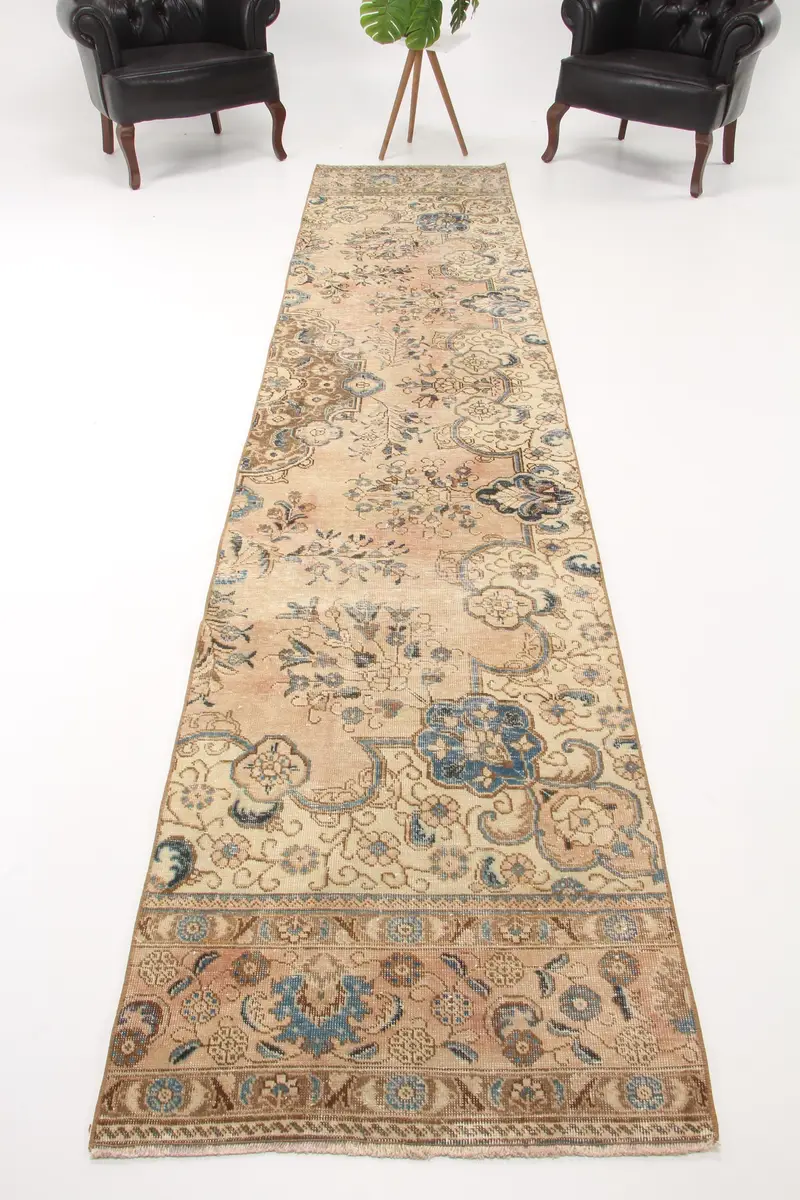 Turkish Rug, 2.7x12.6 ft Vintage Rug, Brown Blue Camouflage Wool Rug - 1