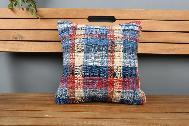 Crochet Pattern Pillow Cover, Pillow for Sofa, 16x16 Blue Pillow, Handwoven Pillow Cover Pillow Case, Vintage Pillow, Kilim Pillow Cover, Cushion - 6