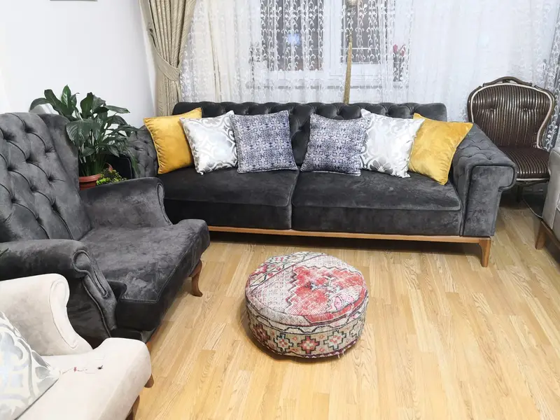 Handmade Kilim-Inspired Wool Pouf, Decorative Ottoman Pouf