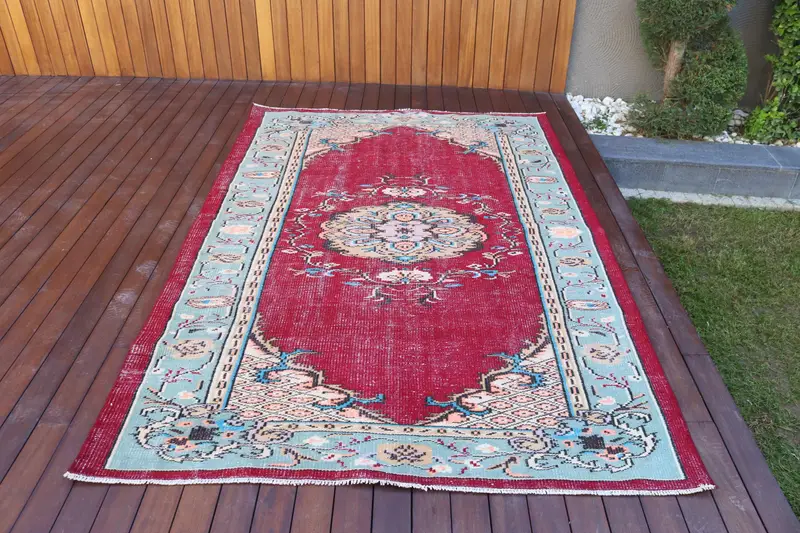 5.3x8.1 ft Halı, Türk Oushak Halısı, Vintage Kırmızı Yün Kareli Halı - 1