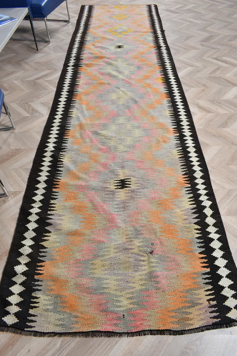Türk Vintage Halı, 3.6x14 ft Kilim Halı, Turuncu Soyut Yün Halı - 1