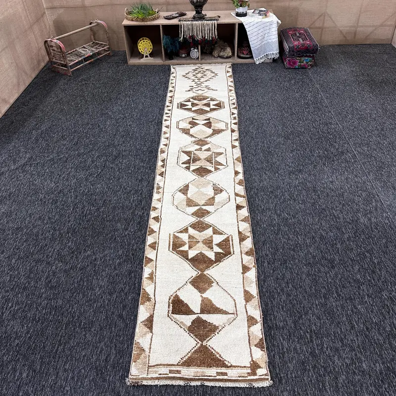 Vintage Runner Rug 2.3x13.6 ft, Brown Camouflage Turkish Wool Rug - 1