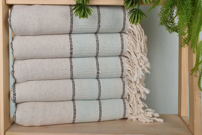 Beach Towel Mint Linen Organic Cotton/Linen Striped, 40x71 Inches