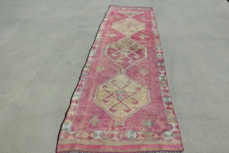 3.1x11.3 ft Runner Vintage Turkish Rug, Red Ikat Wool Rug - 1