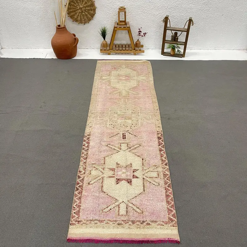 2.8x10 ft Vintage Rug, Turkish Runner Rug, Pink Beige Wool Rug - 1