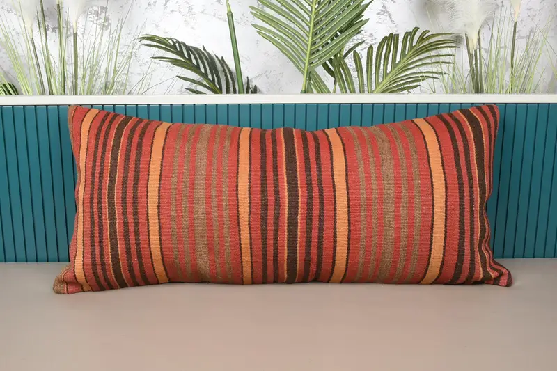 Red & Yellow Striped Throw Pillow, Vintage Embroidered Cushion