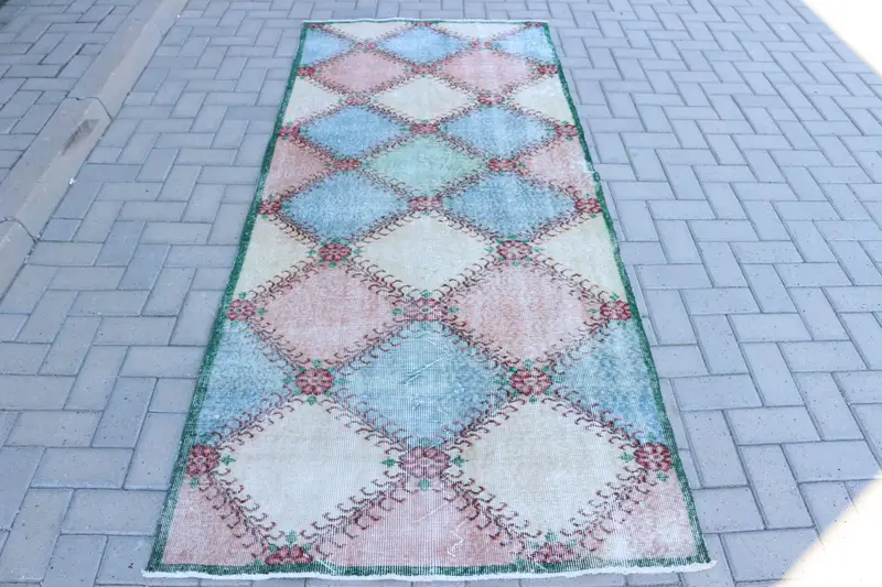 Türk Oushak Halı 3.6x8.4 ft, Mavi Pembe Ombré Yün Vintage Halı - 1