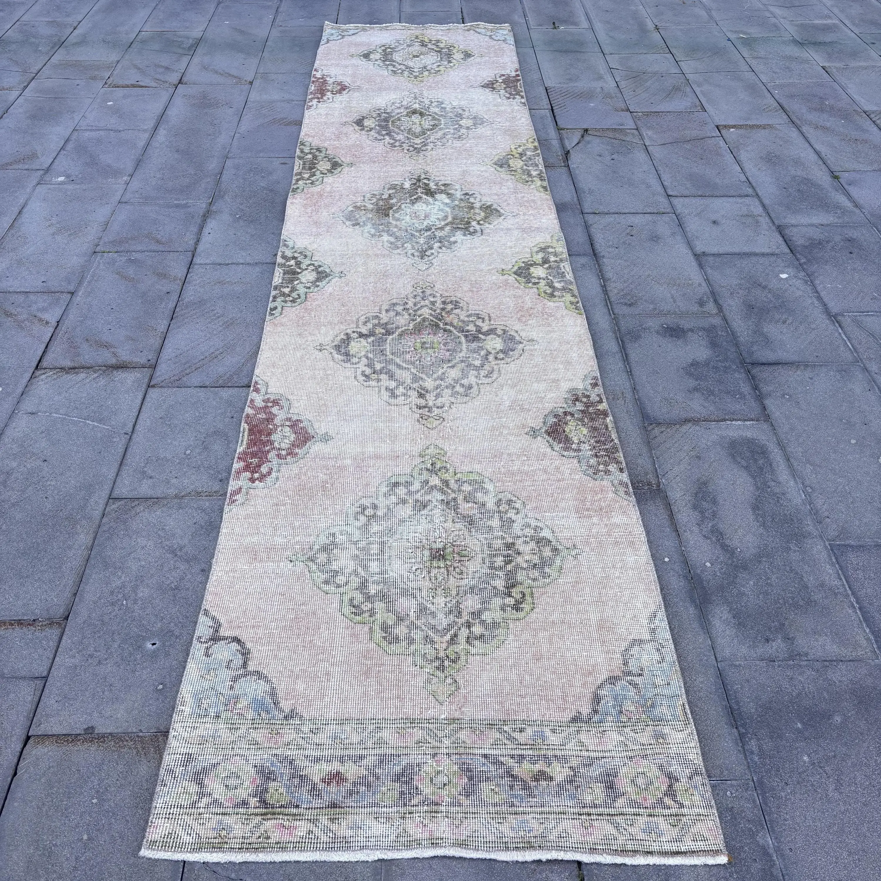 2.9x12.7 ft Vintage Rug, Rug, Gray Floral Rug Wool - 1