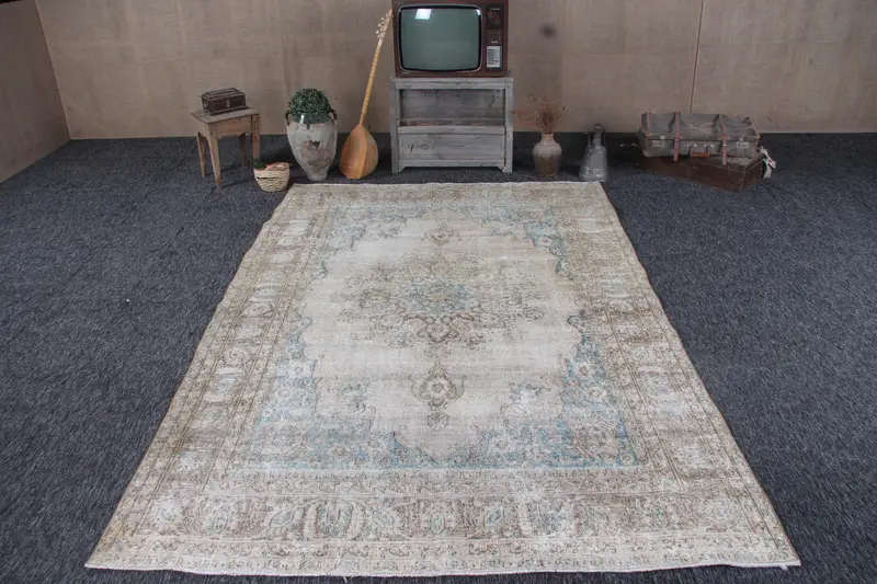6,7x9,8 ft großer türkischer Teppich, Vintage-Teppich, blaugrauer floraler Wollteppich - 1