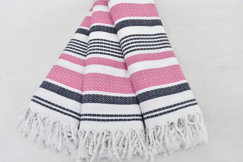 Handmade Organic Cotton Beach Towel, Pink-Navy Stripe, 70x40 Inches
