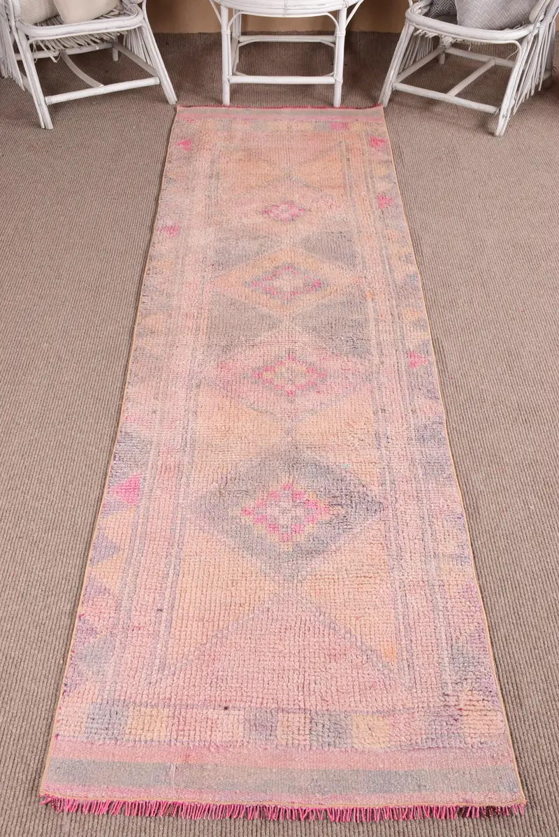 2.9x9.9 ft Vintage Rug, Turkish Runner Rug, Pink Gray Striped Rug - 1