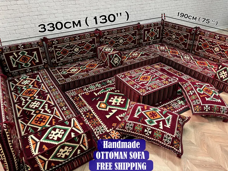 Juego de sofá modular otomano inspirado en Kilim rojo y negro