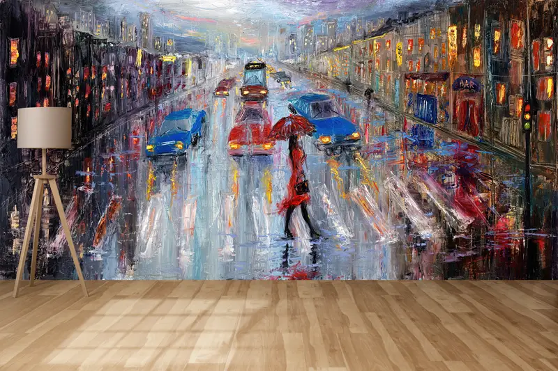 カスタムウォールペーパー、通りの壁の絵画を横切る赤い傘を持つ女性、紙の壁アート、モダンウォールペーパー、単独の女性の壁紙、 - 3
