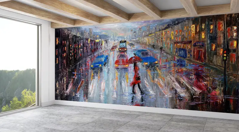 カスタムウォールペーパー、通りの壁の絵画を横切る赤い傘を持つ女性、紙の壁アート、モダンウォールペーパー、単独の女性の壁紙、 - 7