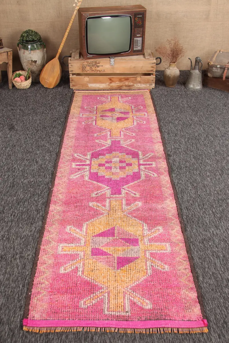Alfombra turca, alfombra corredor de 3x9,9 pies, alfombra de lana Herki amarilla rosa - 1