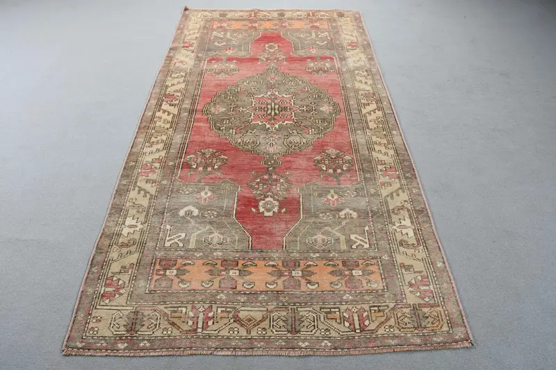 Turkish Vintage Rug, 4.2x8.3 ft Oushak Rug, Red Brown Ikat Rug - 1
