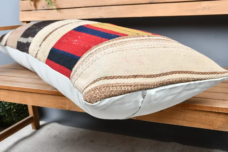 Throw Kilim Pillow, Vintage Kilim Pillow, Garden Pillow Cover, Antique Pillows, Handmade Pillow Case, 16x48 Beige Pillow Cover, Cushion Cover - 3