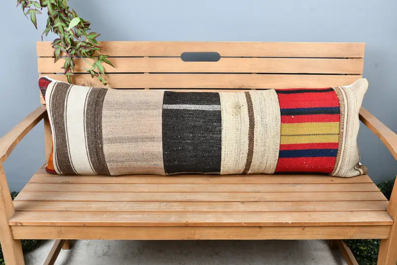 Throw Kilim Pillow, Vintage Kilim Pillow, Garden Pillow Cover, Antique Pillows, Handmade Pillow Case, 16x48 Beige Pillow Cover, Cushion Cover - 6