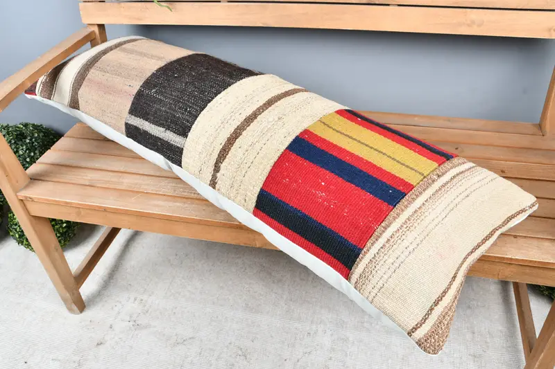 Throw Kilim Pillow, Vintage Kilim Pillow, Garden Pillow Cover, Antique Pillows, Handmade Pillow Case, 16x48 Beige Pillow Cover, Cushion Cover - 2