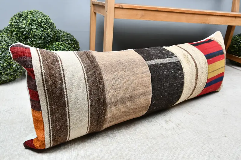 Throw Kilim Pillow, Vintage Kilim Pillow, Garden Pillow Cover, Antique Pillows, Handmade Pillow Case, 16x48 Beige Pillow Cover, Cushion Cover - 7