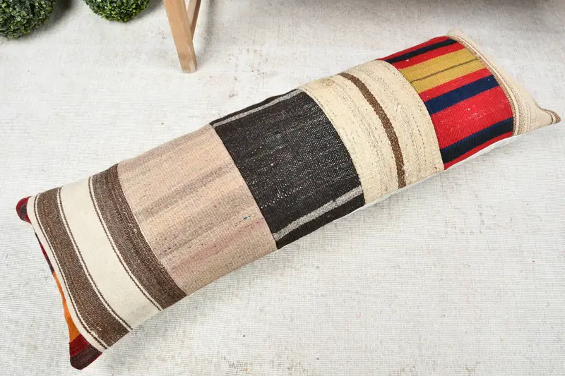 Throw Kilim Pillow, Vintage Kilim Pillow, Garden Pillow Cover, Antique Pillows, Handmade Pillow Case, 16x48 Beige Pillow Cover, Cushion Cover - 8