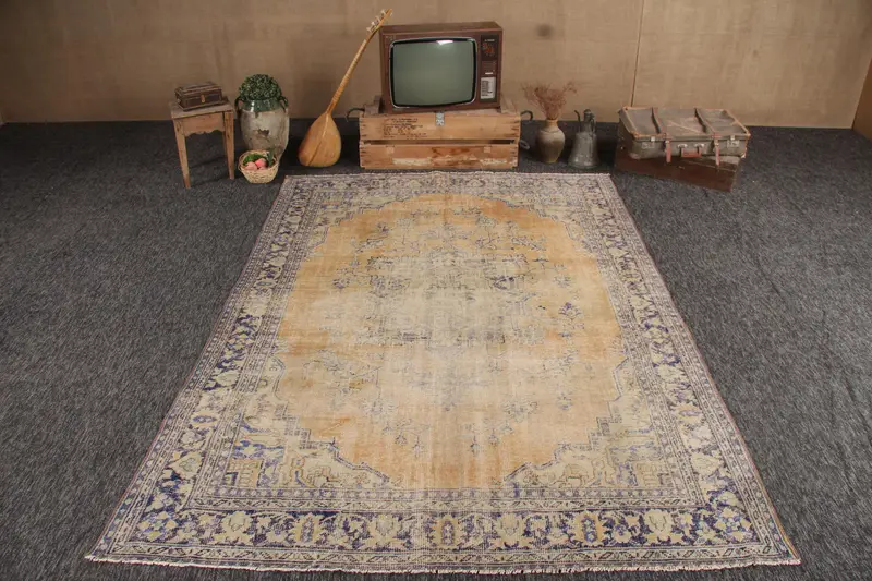 Alfombra vintage turca de 6,6x9,1 pies, alfombra de lana geométrica azul Oushak - 1