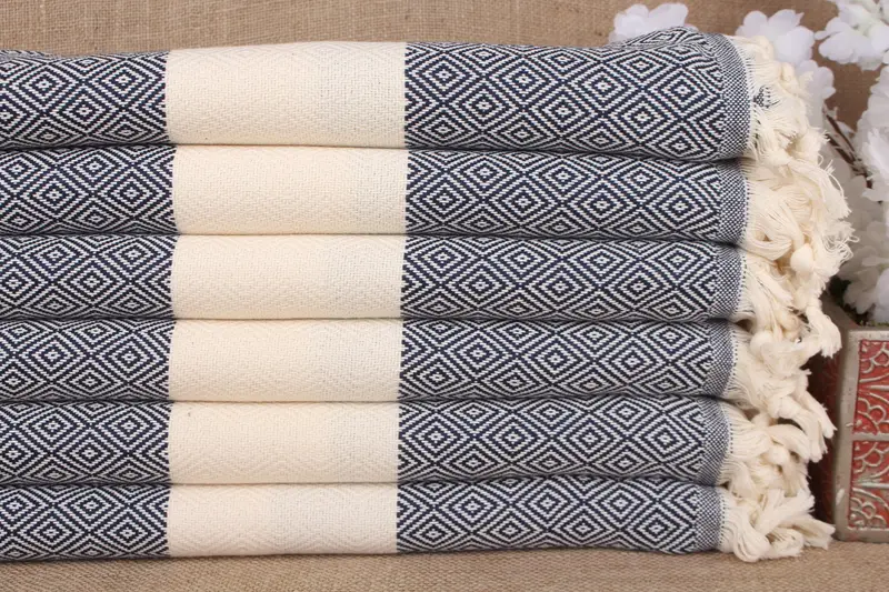 ビーチタオル ネイビーとベージュ ダイヤモンドパターン オーガニックコットン 40x71インチ