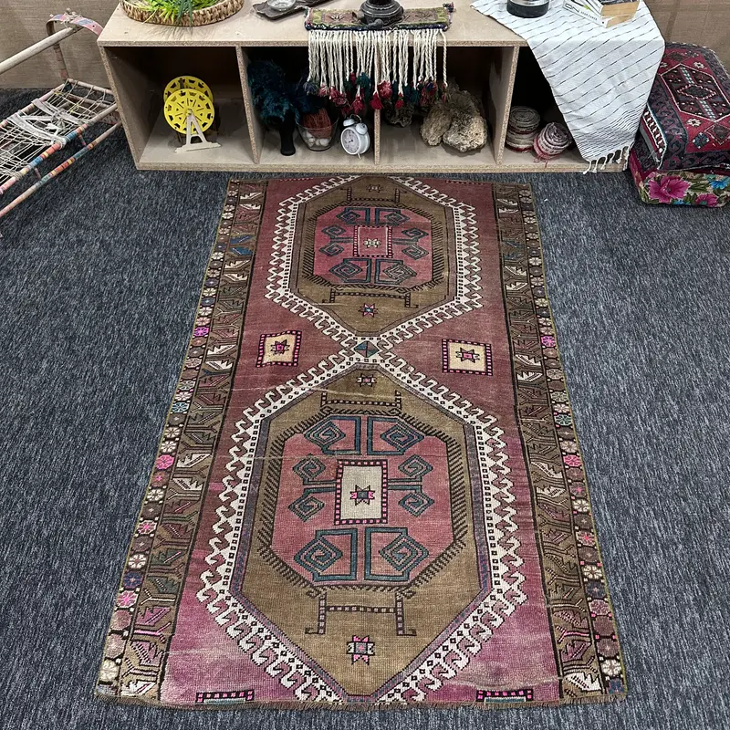 Turkish Small Rug 3.8x6.4 ft, Brown Rainbow Geometric Rug Wool - 1