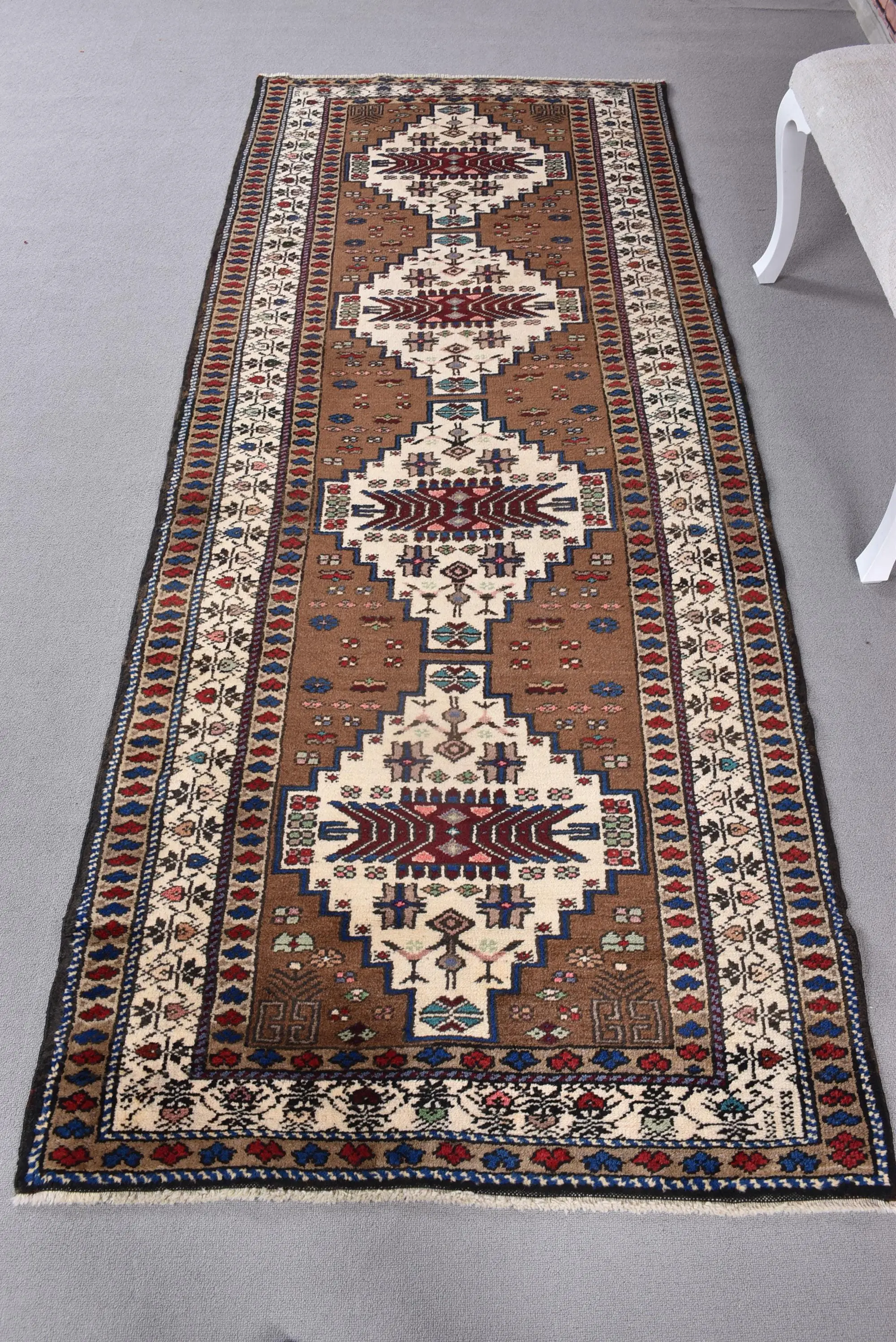 3.5x8.5 ft Vintage Rug, Turkish Area Rug, Brown Plants & trees Wool Rug - 1