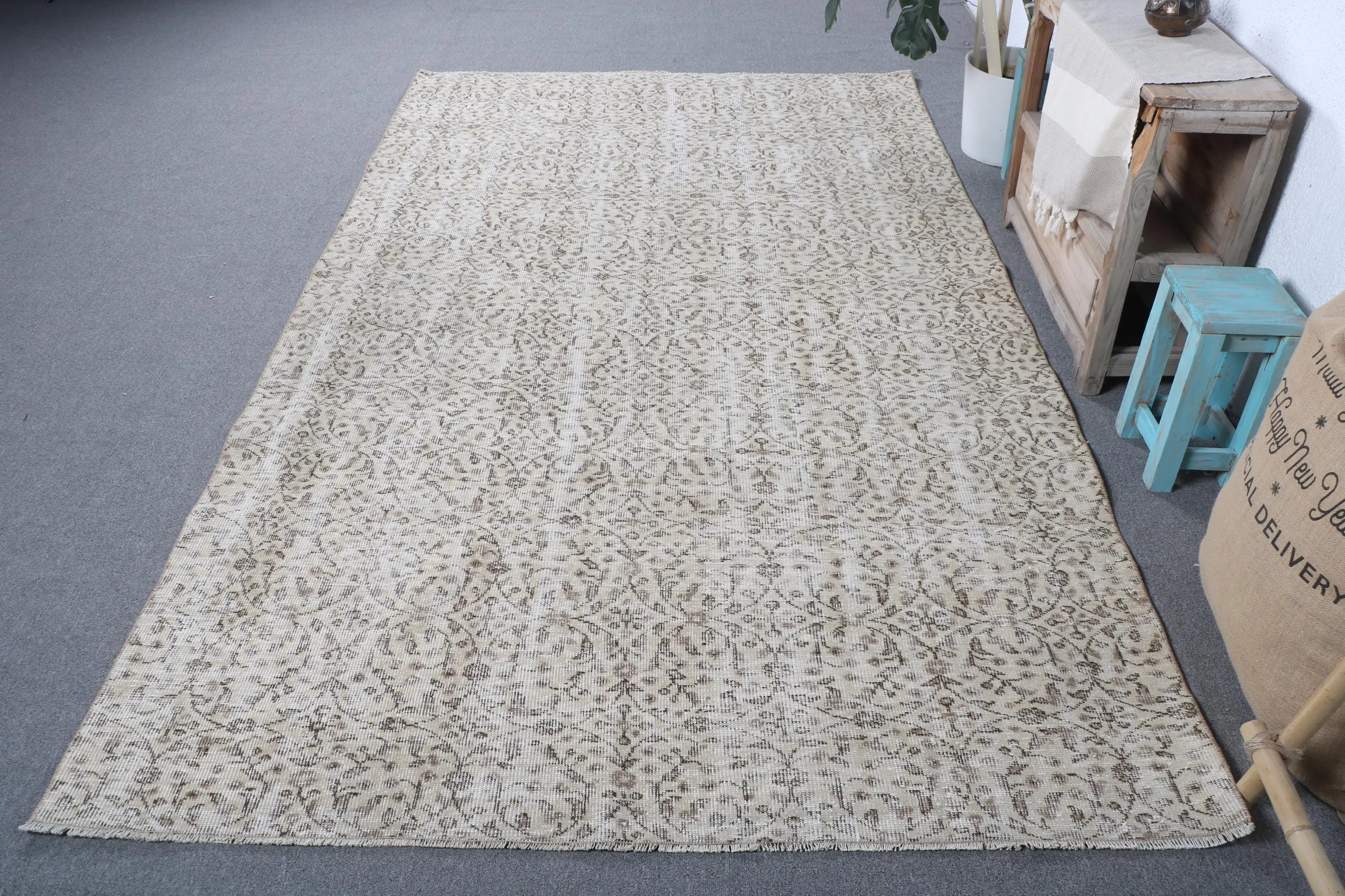 5.4x9.2 ft Türk Halısı, Vintage Büyük Halı, Beyaz Kamuflaj Yün Halı - 1