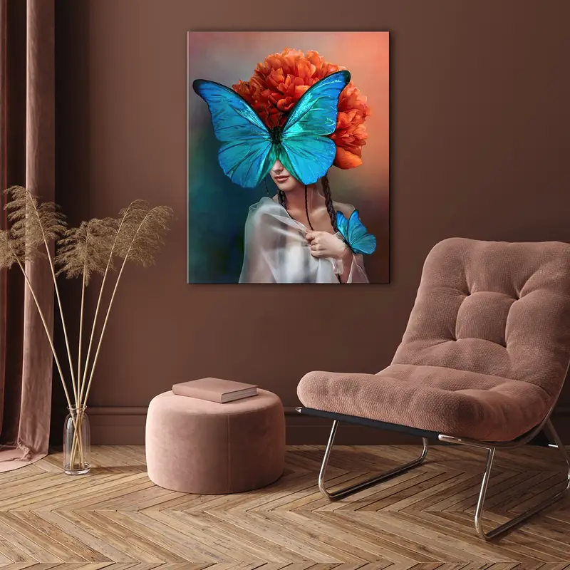 Surreal Portrait Wall Art, Butterflies Wall Decor, Abstract Canvas Art, Peony Flower Wall Art, Beautiful Surrealistic Art, Interior Photo - 1