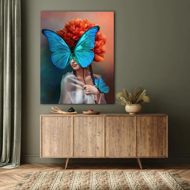 Surreal Portrait Wall Art, Butterflies Wall Decor, Abstract Canvas Art, Peony Flower Wall Art, Beautiful Surrealistic Art, Interior Photo - 2