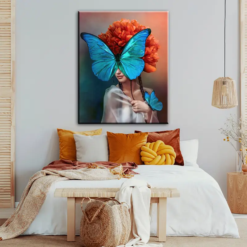 Surreal Portrait Wall Art, Butterflies Wall Decor, Abstract Canvas Art, Peony Flower Wall Art, Beautiful Surrealistic Art, Interior Photo - 7