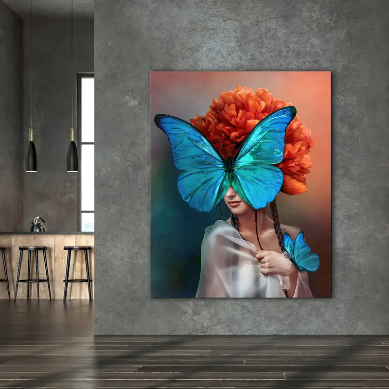 Surreal Portrait Wall Art, Butterflies Wall Decor, Abstract Canvas Art, Peony Flower Wall Art, Beautiful Surrealistic Art, Interior Photo - 6