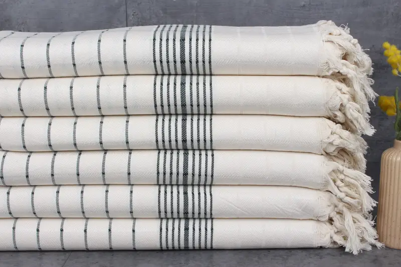 Turkish Beach Towel Dark Green Striped, Organic Cotton, 40x71 Inches