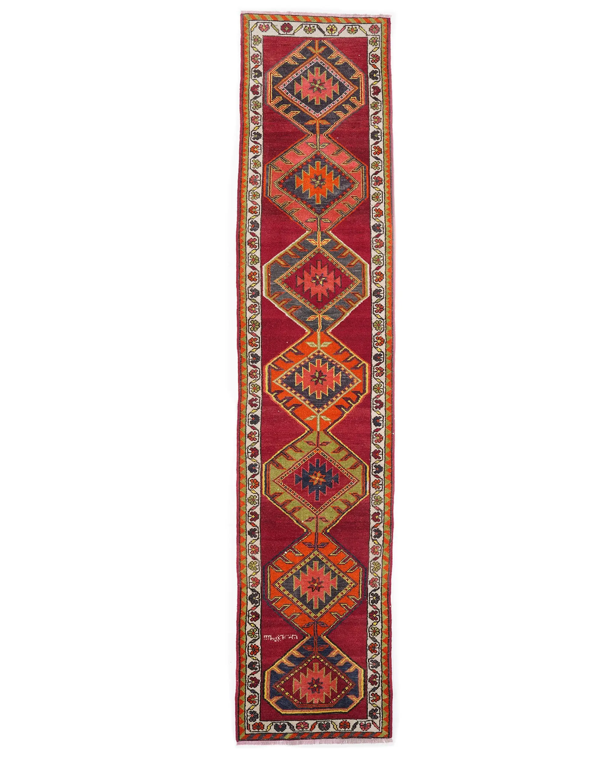 Turkish Vintage Herki Runner Rug 2.8x13.3 ft, Red Floral Rug Wool - 1