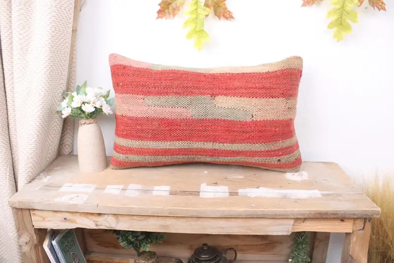 Kilim Pillow, Cushion Case, Pillow for Couch, Anatolian Pillow Cover, Oriental Pillow Cover, 12x20 Pink Pillow Case, Boho Pillow - 1