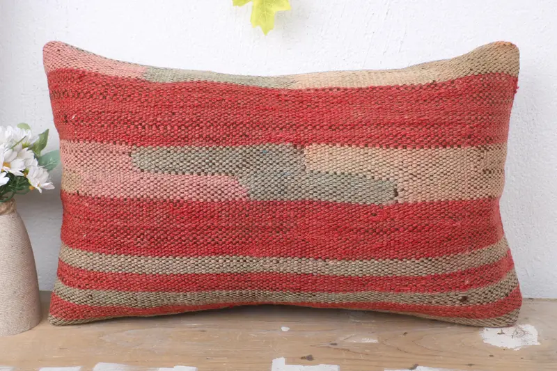 Kilim Pillow, Cushion Case, Pillow for Couch, Anatolian Pillow Cover, Oriental Pillow Cover, 12x20 Pink Pillow Case, Boho Pillow - 2