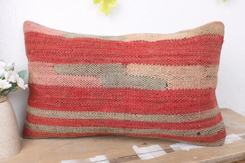 Kilim Pillow, Cushion Case, Pillow for Couch, Anatolian Pillow Cover, Oriental Pillow Cover, 12x20 Pink Pillow Case, Boho Pillow - 4