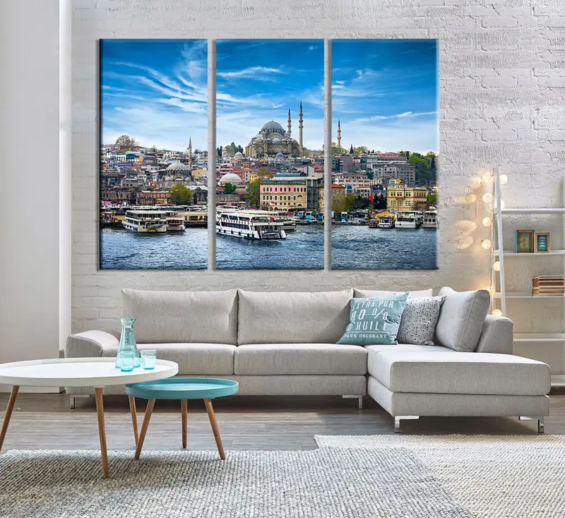 İstanbul Duvar Sanatı, Eminonu Waterfront Tuval, Yeni Cami, İstanbul Feribotları, Liman, Boğaz Tuvali, İstanbul Resim, Peyzaj Sanatı - 1