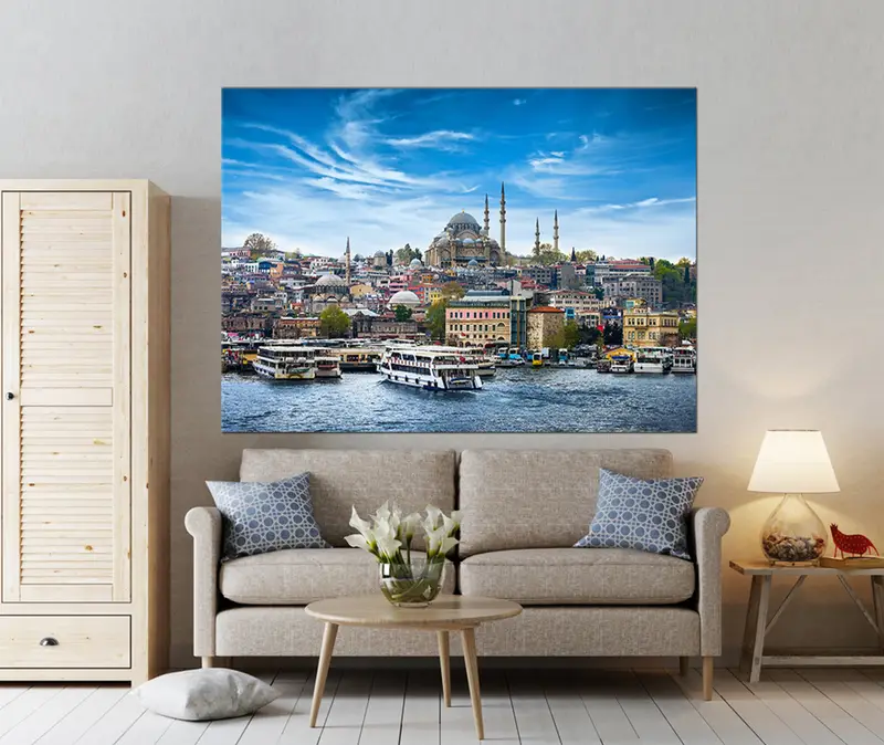 İstanbul Duvar Sanatı, Eminonu Waterfront Tuval, Yeni Cami, İstanbul Feribotları, Liman, Boğaz Tuvali, İstanbul Resim, Peyzaj Sanatı - 5