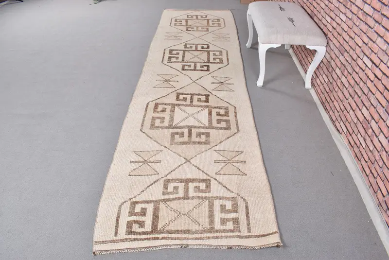 Bej İkat Halı, 0,3x11,8 ft Zarif Bej-Kahverengi Vurgulu