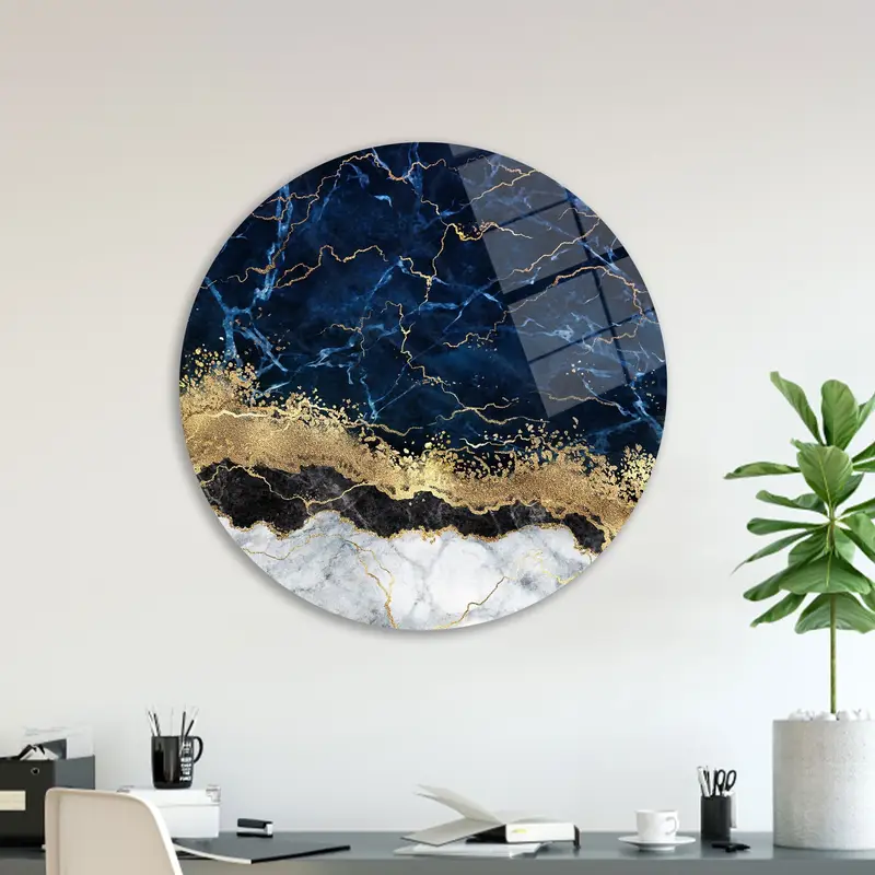Elegant Navy Blue & Gold Marble Printed Glass - Contemporary Design