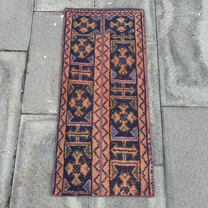 Vintage Rug, 1.3x2.8 ft Small Rug, Blue Brown Oushak Wool Rug - 1