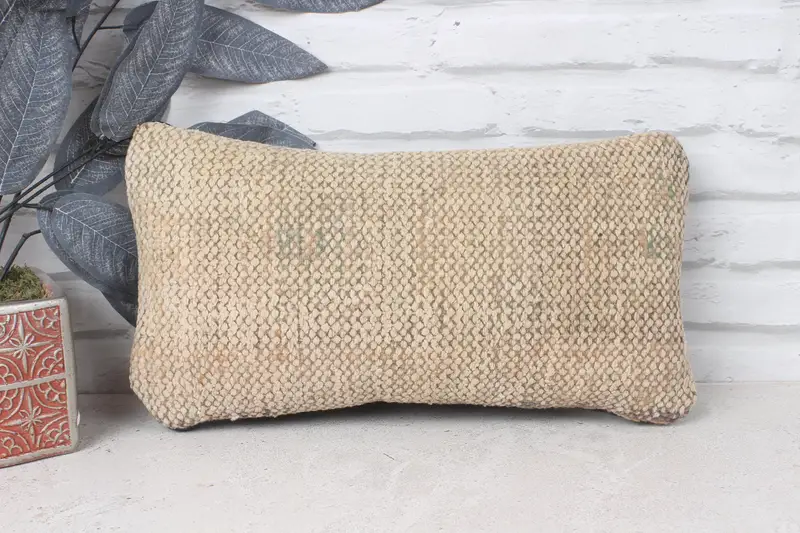 Handmade Kilim Cushion, Yoga Pillow Sham, Oriental Cushion Cover, Interior Designer Pillow, Cushion Cover, 8x16 Beige Cushion, Kilim Pillow Cover - 1