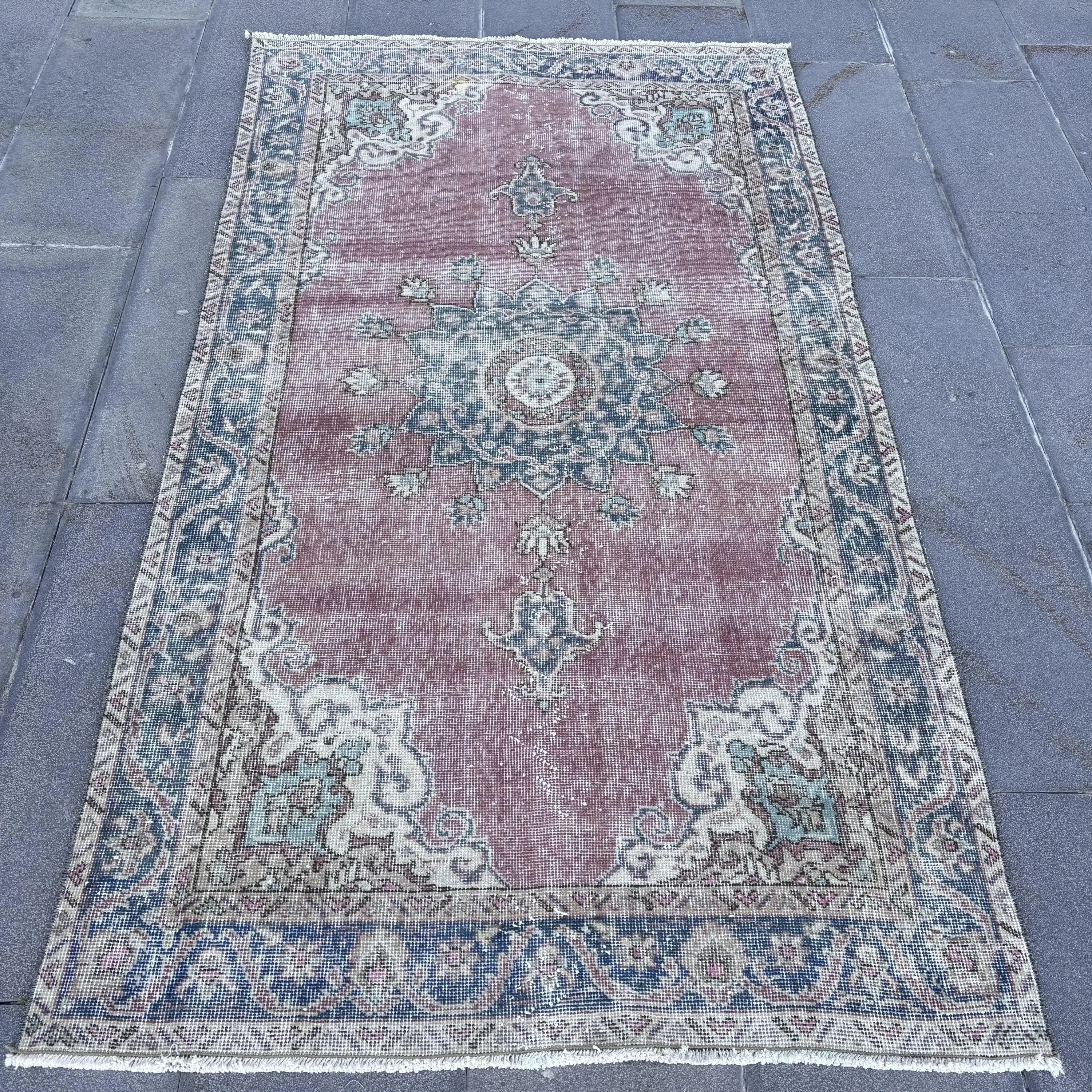 3.7x6.8 ft Vintage Rug, Area Turkish Rug, Red Plants & trees Rug - 1