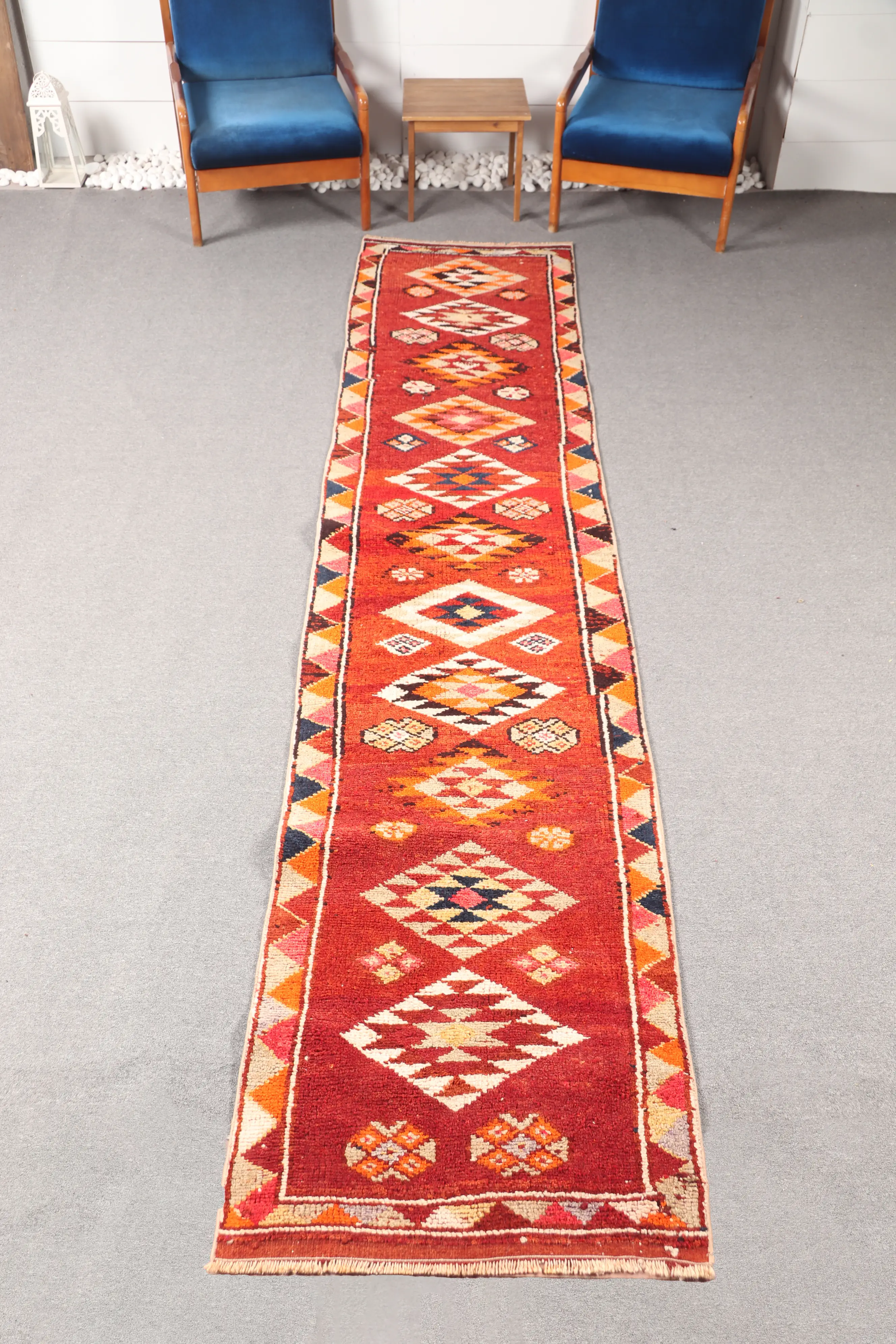 Vintage Herki Small Rug 2.6x12.2 ft (79x372 cm), Turkish Brown Geometric Rug - 1
