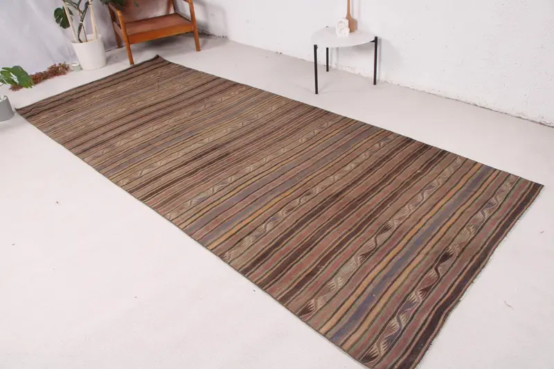 Turkish Rug, 4.4x11.2 ft Runner Rug, Brown Wool Vintage Rug - 1