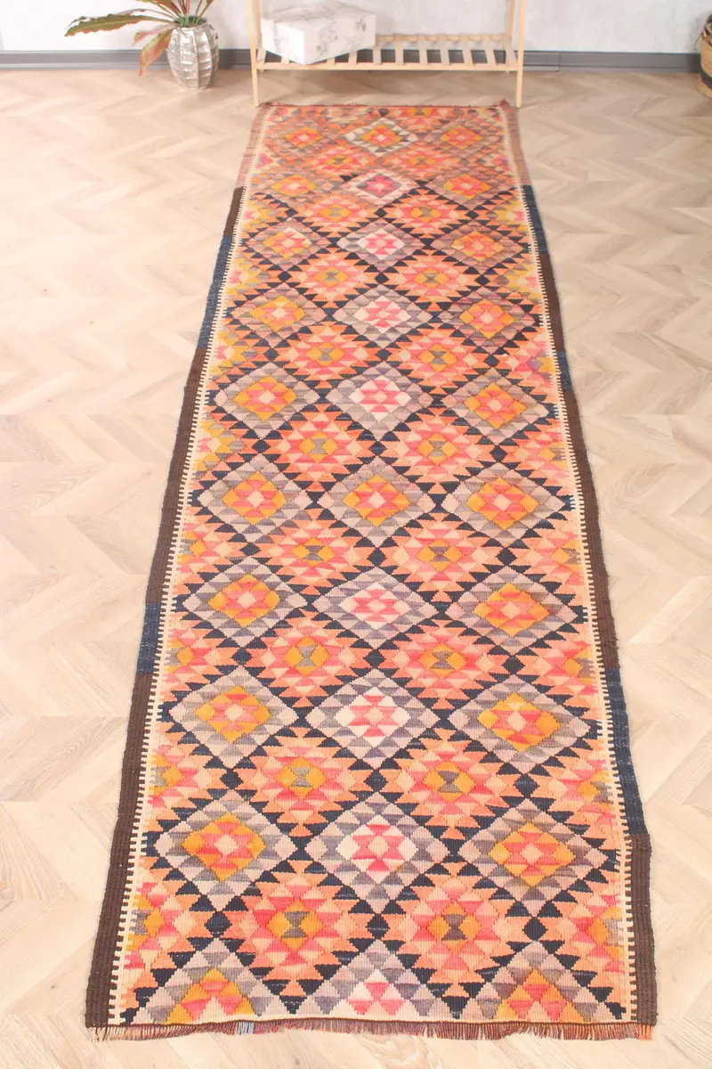 Türk Kilim Yolluk Halısı 3x11,6 ft (90x353 cm), Vintage Turuncu Çiçekli Halı - 1