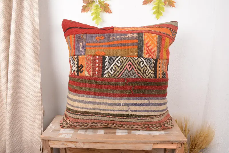 Red & Orange Patchwork Throw Pillow, 28x28 Handmade Cushion